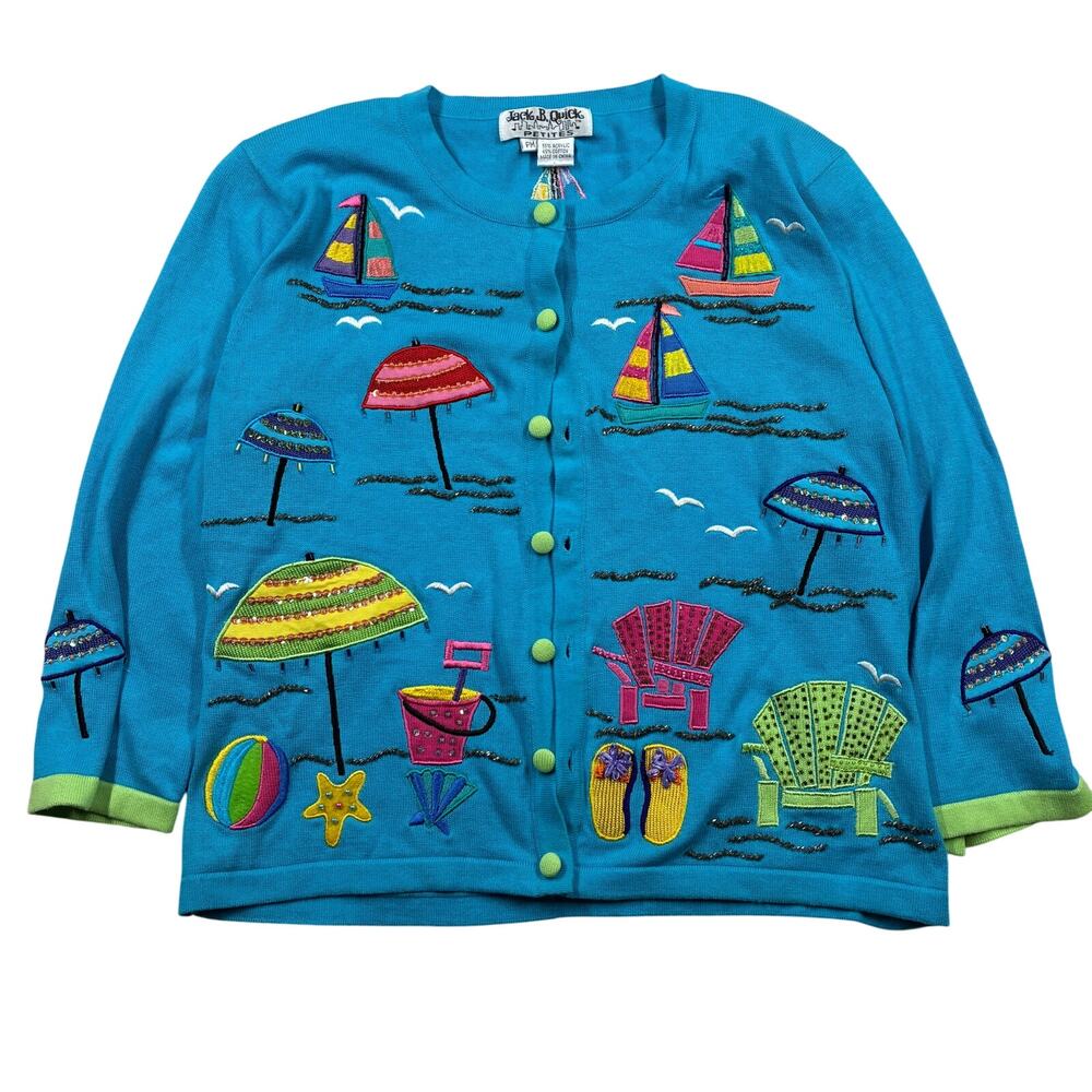 Vintage Jack B Quick Cardigan PM Petite Blue Sequin Nautical Beach Vacation
